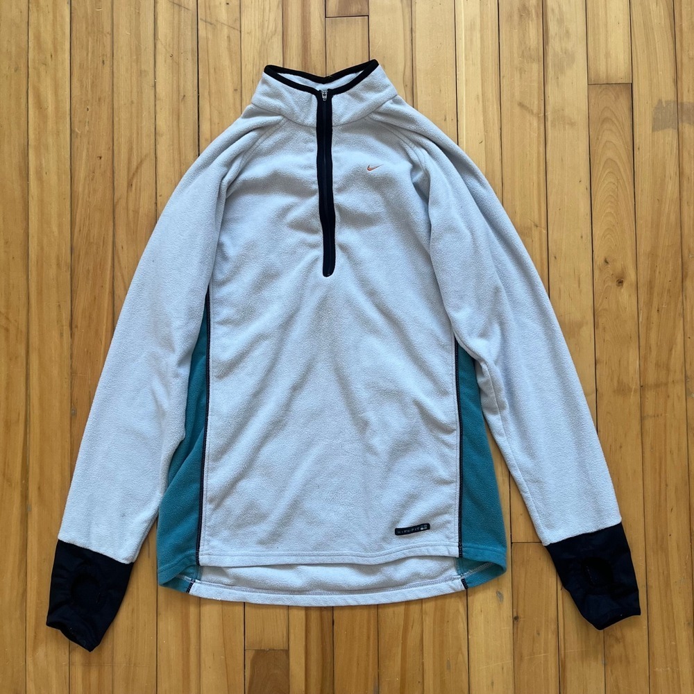 Vintage Nike Fit Quarter Zip Fleece Pullover Grey Teal Thumbholes Boys L 12-14